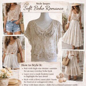 Papaya Top Lace Crochet Cream Boho Sheer Layer Romantic Lightweight Summer